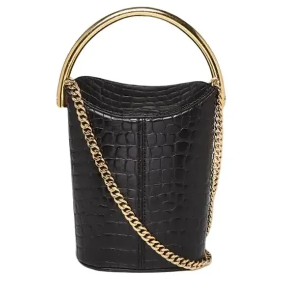 New Stella McCartney Black Croc Embossed Bucket Bag Gold Handle W/ Dust Bag - Picture 4 of 16